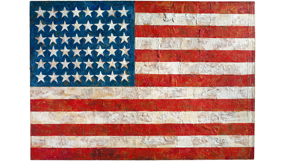 Jasper Johns, Flag, 1954-55. Encaustic, oil, and collage on fabric mounted on wood (3 panels), 41.25 x 60.75 in (104.8 x 154.3 cm). The Museum of Modern Art, New York, NY; Gift of Philip Johnson in honor of Alfred H. Barr, Jr. © 2021 Jasper Johns/VAGA at Artists Rights Society (ARS), New York.