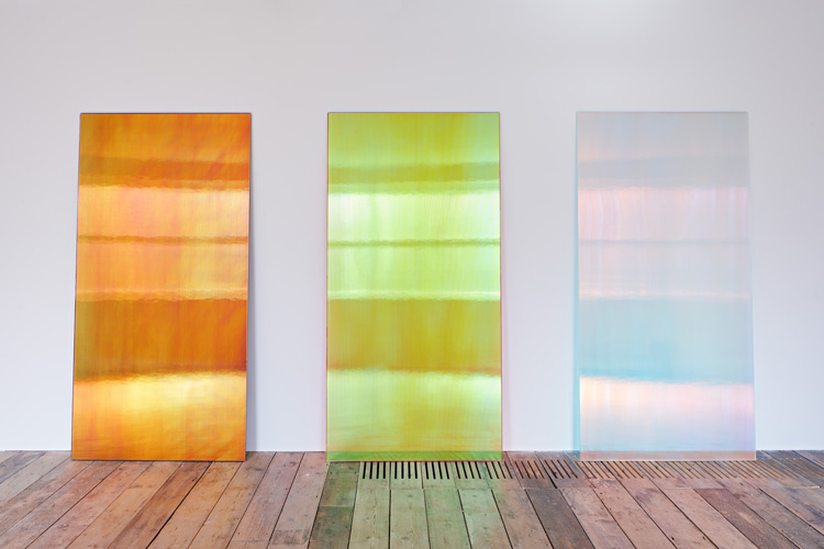 Ann Veronica Janssens. (Left to right): CL2BK, 2015; Pinky Sunset R, 2019; and CL2 Blue Shadow, 2015. Installation view, South London Gallery. Photo: Andy Stagg.
