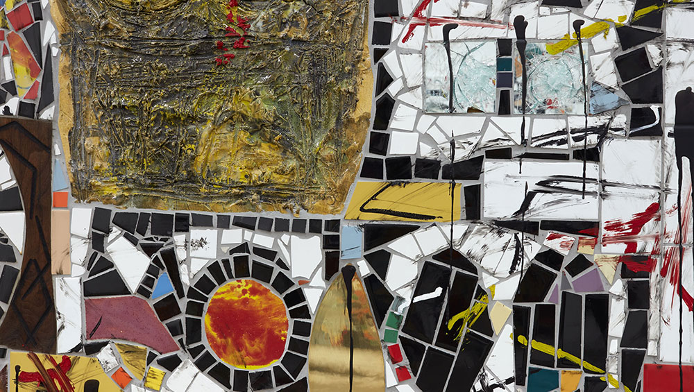 Rashid Johnson. Broken Crowd, 2020 (detail). Ceramic tile, mirror tile, spray enamel, oil stick, black soap, wax, 240.7 x 403.9 x 3 cm. Photo: Martin Parsekian. © Rashid Johnson. Courtesy the artist and Hauser & Wirth.