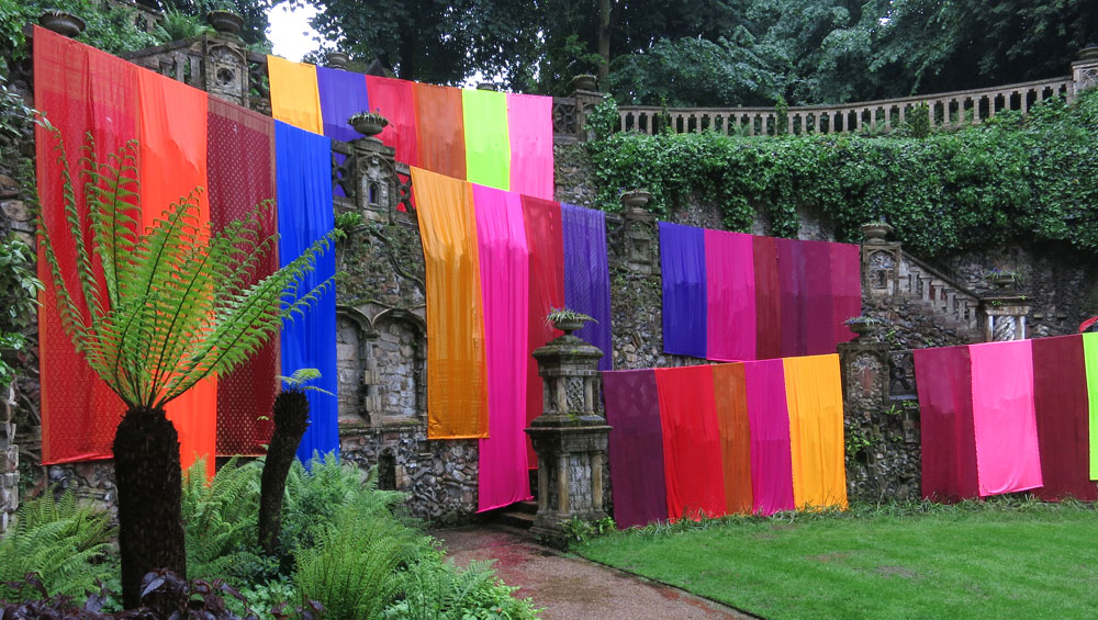 Clare Jarrett. Plantation Garden installation, Norwich, 2014, 27 sari lengths.