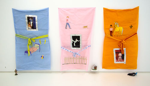 Jenny Watson. Baryshnikov (Triptychon) 2009. Acrylic on rabbit skin glue primed cotton, gaffer tape, ribbon + and objects, 190 cm x 110 cm (x3). Courtesy Transit Gallery, Mechelen, Belgium.