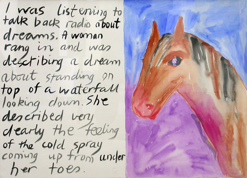 Jenny Watson. I was listening to talk back radio about dreams 1998. Watercolour, 56 cm x 76 cm. Courtesy Transit Gallery, Mechelen, Belgium.