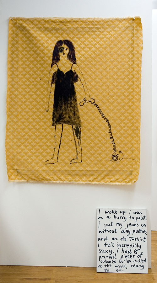 Jenny Watson. I woke up. I was in a hurry ... 1993. Rabbitskin glue and oil on damask, oil on canvas (text panel), 127 cm x 82 cm and 51 cm x 41 cm. Courtesy Transit Gallery, Mechelen, Belgium.