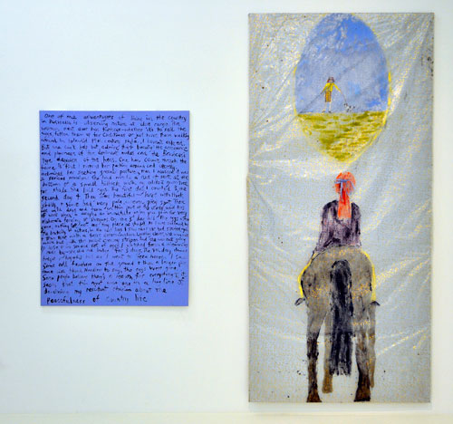 Jenny Watson. The world from the back of a black stallion 2005. Acrylic and ribbon on rabbit skin glue primed chinese damask (organza) over silk + acrylic on prepared text panel, 240 cm x 110 cm and 122 cm x 92 cm. Courtesy Transit Gallery, Mechelen, Belgium.
