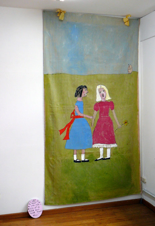 Jenny Watson. Secrets 2004. Acrylic on Chinese damask, acrylic on canvas (text panel), 280 cm x 150 cm and 25 cm x 20 cm. Courtesy Transit Gallery, Mechelen, Belgium.