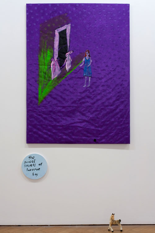 Jenny Watson. Sleepwalker 2002. Acrylic on spotted taffeta + text panel + china foal, 60 x 42 in/152.5 x 107 cm. Courtesy of the artist and Gimpel Fils, London.