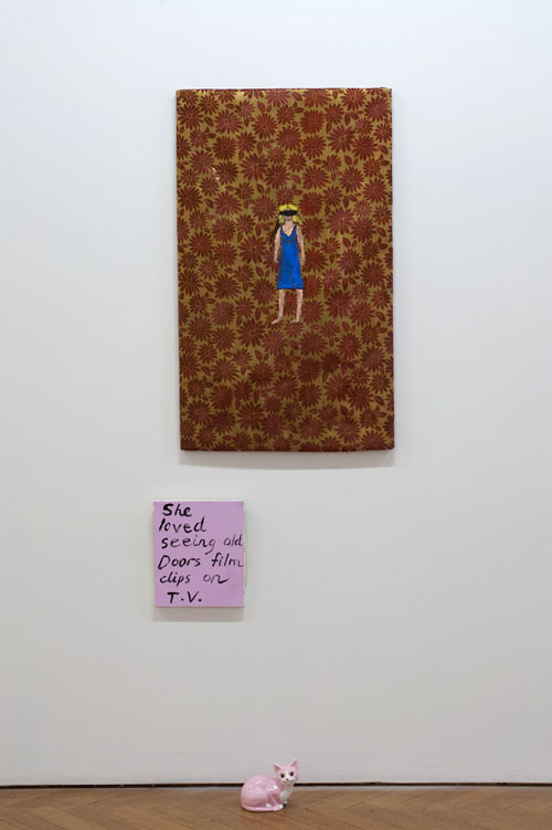 Jenny Watson. Woman in a Blindfold 2000. Oil on rabbit skin glue primed Korean organza + text panel, 43 1/4 x 23 1/2 in/110 x 60 cm. Courtesy of the artist and Gimpel Fils, London.