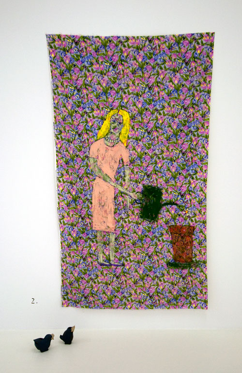 Jenny Watson. Woman watering a pot plant 2009. Acrylic on rabbit skin glue primed cotton + 2 vintage American wooden ducks, 190 cm x 110 cm. Courtesy Transit Gallery, Mechelen, Belgium.