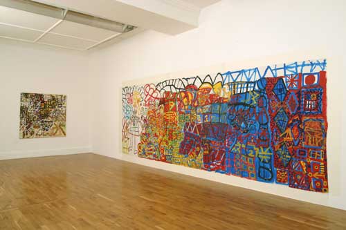 John the Painter, Jet Plane, Blue, Red, Yellow, Green, Boxes, Arrows, on Grand Parade, Chinese Version, 1997, Gouache on brown paper, 214 x 511 cm. Collection: Irish Museum of Modern Art
