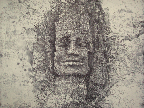 Jörg Schmeisser. Face above the West Gate of Angkor Thom, 1999. Etching 317 mm x 400 mm.