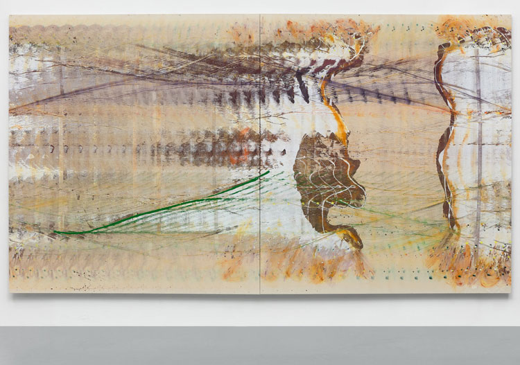 Emily Kraus, Anemoi, 2026. Oil on canvas, 125 1/4 x 225 1/4 in (318 x 572 cm). Each panel: 125 1/4 x 112 5/8 in (318 x 286 cm). © Emily Kraus; Courtesy of the artist, The Sunday Painter, London, and Luhring Augustine, New York. Photo: Ollie Hammick.
