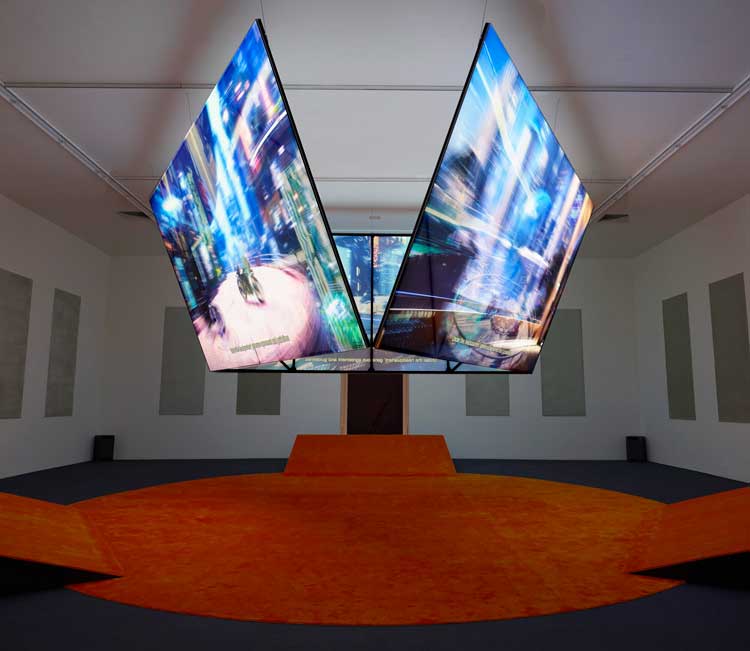 Ayoung Kim. Delivery Dancer’s Arc: Inverse. 2024. Three-channel high-definition video (colour, sound). 27 min. Courtesy MoMA PS1. Photo: Roz Akin.