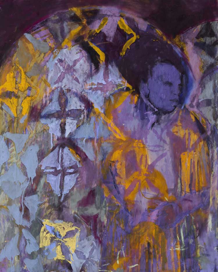 Christina Kimeze. Arches, 2024. Oil, pastel and oil stick on suede matboard, 110 x 90 cm. © Christina Kimeze, image courtesy of the artist. Photo: Matthew Hollow.