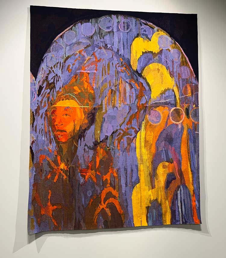 Christina Kimeze. Tapestry made in collaboration with Edinburgh’s Dovecot Studios. Installation view, Christina Kimeze: Between Wood and Wheel, 2025, South London Gallery. Courtesy the artist and ABCollection. Photo: Veronica Simpson.