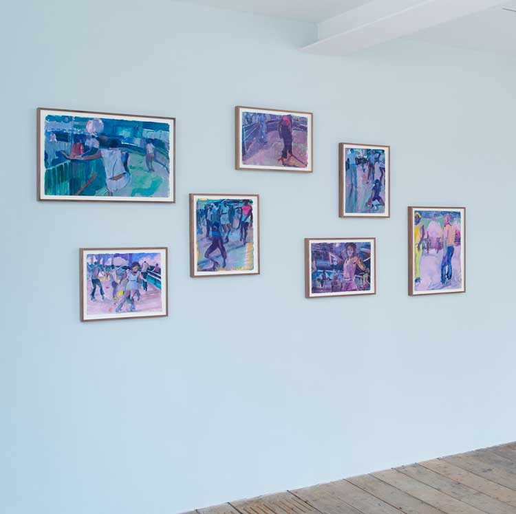 Christina Kimeze. Roller Skaters, installation view, Christina Kimeze: Between Wood and Wheel, 2025, South London Gallery. Photo: Andy Stagg.
