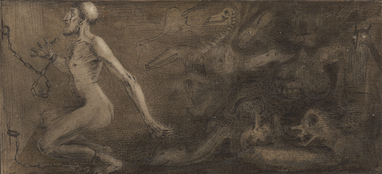 Alfred Kubin. The Prisoner, before 1900. Ink on paper, 12.6 x 27.3 cm. The Albertina Museum, Vienna © Eberhard Spangenberg, München / Bildrecht, Vienna 2024.