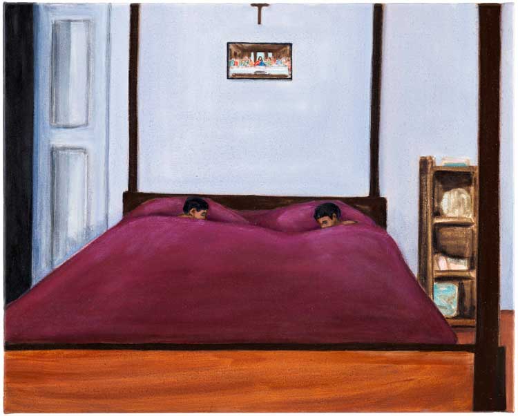 Matthew Krishanu, Bedroom (Last Supper), 2021. Oil on canvas. Private collection. Image courtesy of Tanya Leighton, Berlin & Los Angeles. Photo: Peter Mallet.