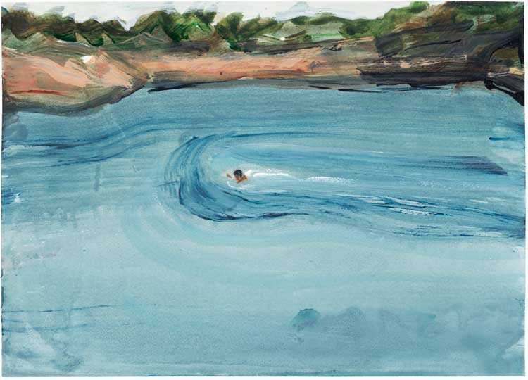 Matthew Krishanu, Boy Swimming, 2023. Acrylic on paper. Image courtesy of Tanya Leighton, Berlin & Los Angeles. Photo: Peter Mallet.