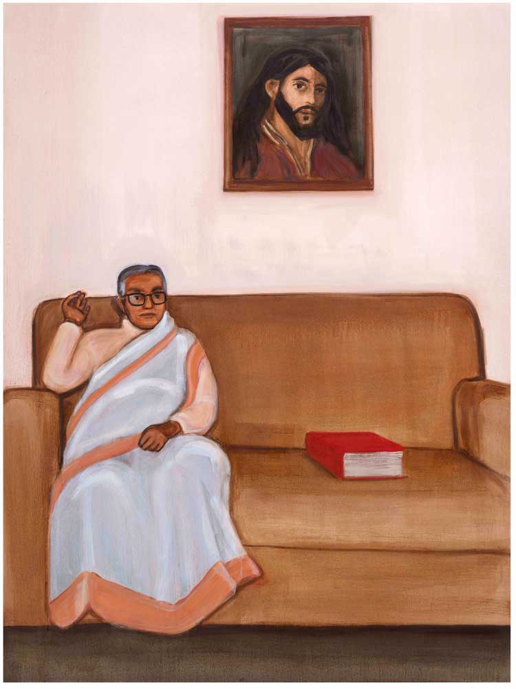 Matthew Krishanu, White Sari (Christ), 2024. Oil on canvas. Image courtesy of Jhaveri Contemporary, Mumbai. Photo: Peter Mallet.