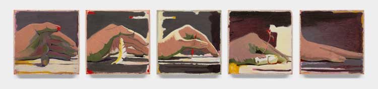 Youngmin Park, Closer, 2024, Oil on wood panel, 4 x 20 in (each panel is 4x4 in) Image courtesy the artist and Make Room, Los Angeles. Photo: Daniel Greer.