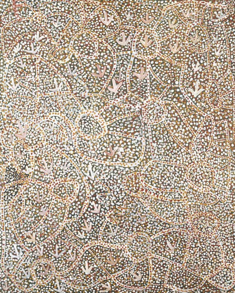 Emily Kam Kngwarray, Anmatyerr people, Ankerr (emu), 1989. National Gallery of Victoria, Naarm / Narrm / Melbourne, purchased from Admission Funds, 1990 © Emily Kam Kngwarray / Copyright Agency, 2023. Image courtesy of National Gallery of Victoria, Naarm / Narrm / Melbourne.