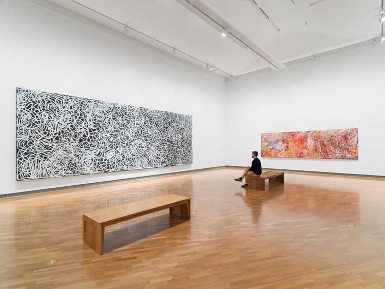 Installation view, Emily Kam Kngwarray, National Gallery of Australia, Kamberri/Canberra, 2023. Photo: Jed Cooper.