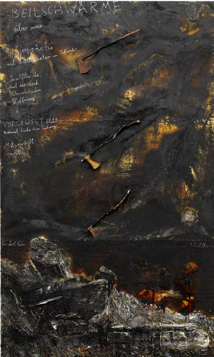 Anselm Kiefer. Beilschwärme (Hatchet-swarms), 2020-21. Emulsion, acrylic, oil, shellac, burnt wood, metal and chalk on canvas, 840 x 470 cm. Copyright: © Anselm Kiefer. Photo: Georges Poncet,