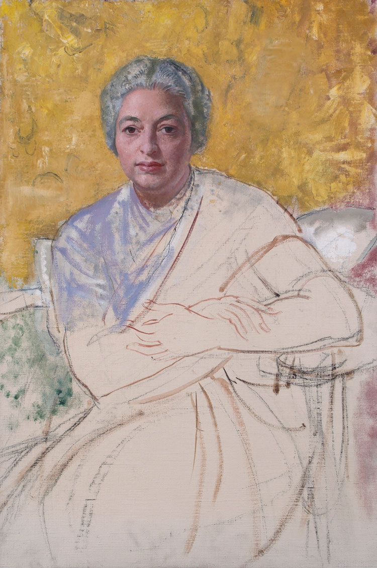 Laura Knight, Unfinished Portrait of Vijayalakshmi Pandit, unfinished at 1970. Oil on canvas, on loan from and photo courtesy Royal Academy of Arts, London. © Reproduced with permission of The Estate of Dame Laura Knight
DBE RA 2021. All Rights Reserved.