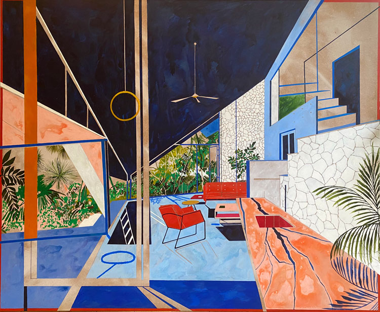 Charlotte Keates. Bordered by Jungle, 2020. Acrylic and oil on board, 100 x 121.8 cm. Image courtesy the artist and Cristea Roberts Gallery.