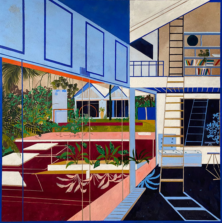 Charlotte Keates. Movement of Water, heard but not seen, 2020. Acrylic and oil on board, 60 x 60 cm. Image courtesy the artist and Cristea Roberts Gallery.