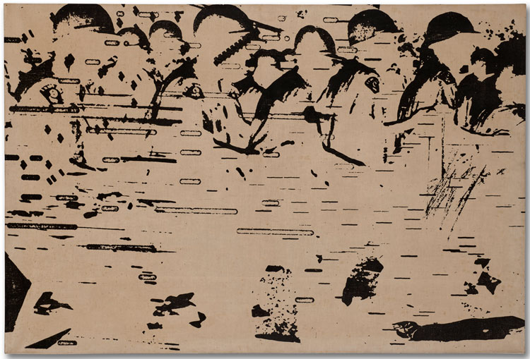 Peter Kennard, Stop 13, 1968-76. Oil and ink on canvas, 99 x 147.5 cm. © Peter Kennard. Courtesy the artist and Richard Saltoun Gallery.