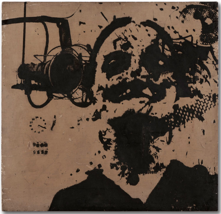 Peter Kennard, Stop 31, 1968-76. Oil and ink on canvas. 60 x 61.5 cm. © Peter Kennard. Courtesy the artist and Richard Saltoun Gallery.