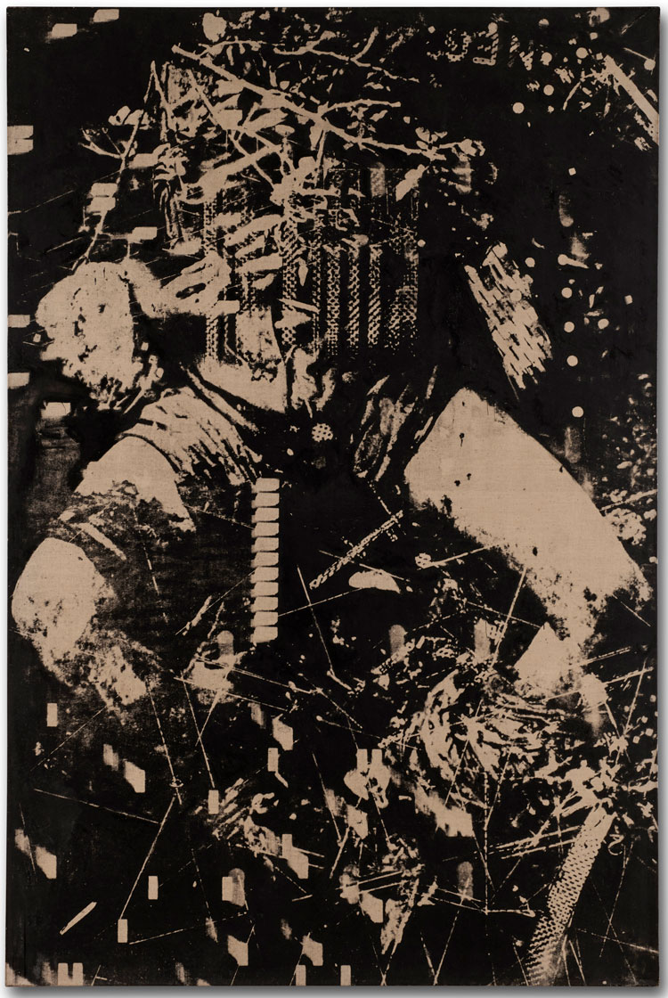 Peter Kennard, Stop 23, 1968-76. Oil and ink on canvas, 153 x 101.5 cm. © Peter Kennard. Courtesy the artist and Richard Saltoun Gallery.
