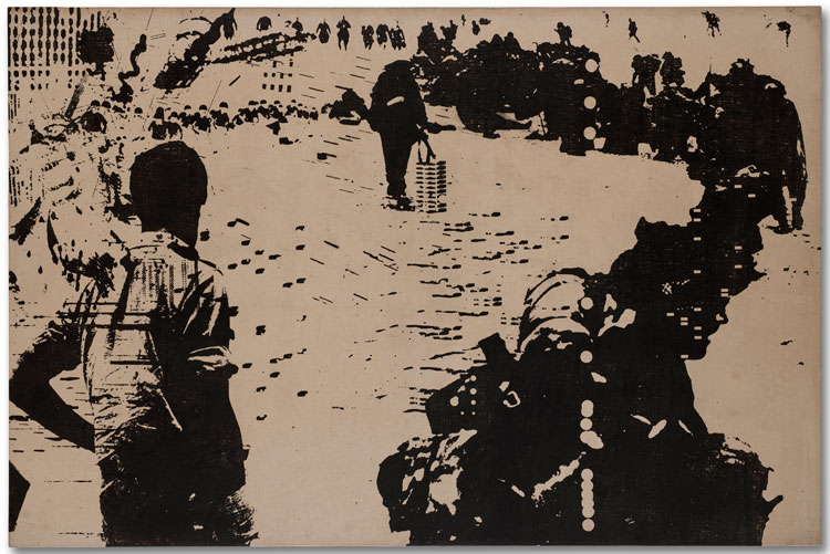 Peter Kennard, Stop 32, 1968-76. Oil and ink on canvas, 100.5 x 150 cm. © Peter Kennard. Courtesy the artist and Richard Saltoun Gallery.