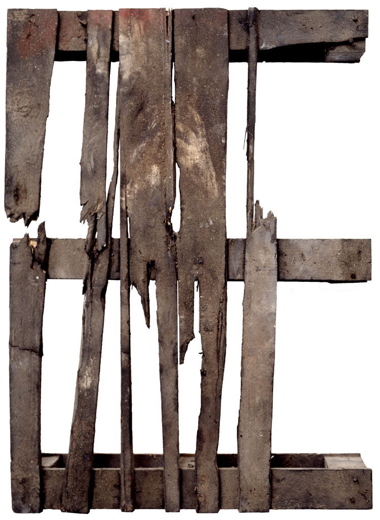 Peter Kennard, Pallet, 1990. From a set of 12. Oil, dust, charcoal on wood, 90 x 60 cm. © Peter Kennard. Courtesy the artist and Richard Saltoun Gallery.