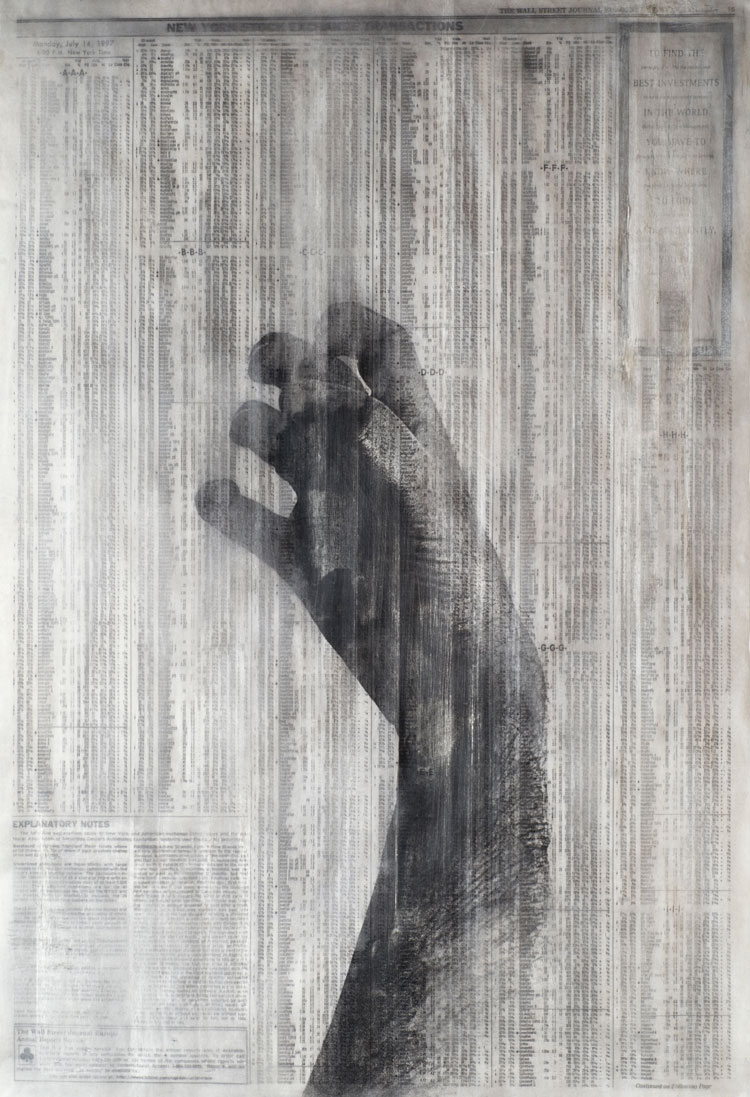 Peter Kennard, Untitled 3 (2020), 2020. Acrylic, charcoal, toner, oil, acrylic and graphite on paper, 111.5 x 76 cm. © Peter Kennard. Courtesy the artist and Richard Saltoun Gallery.