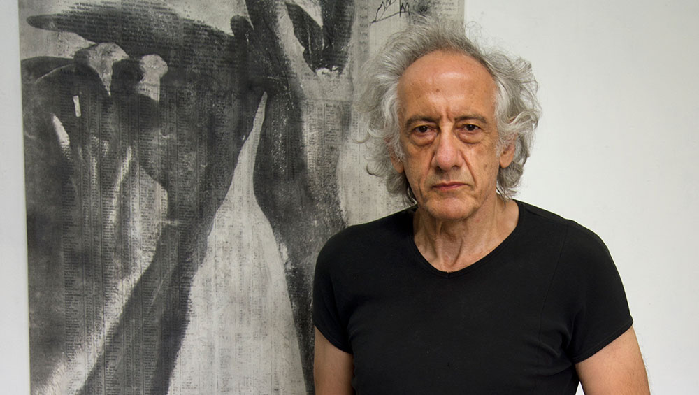 Portrait of Peter Kennard in his studio with Untitled 6 (2020), 2020. Photo: Jenny Matthews. Courtesy the artist and Richard Saltoun Gallery.