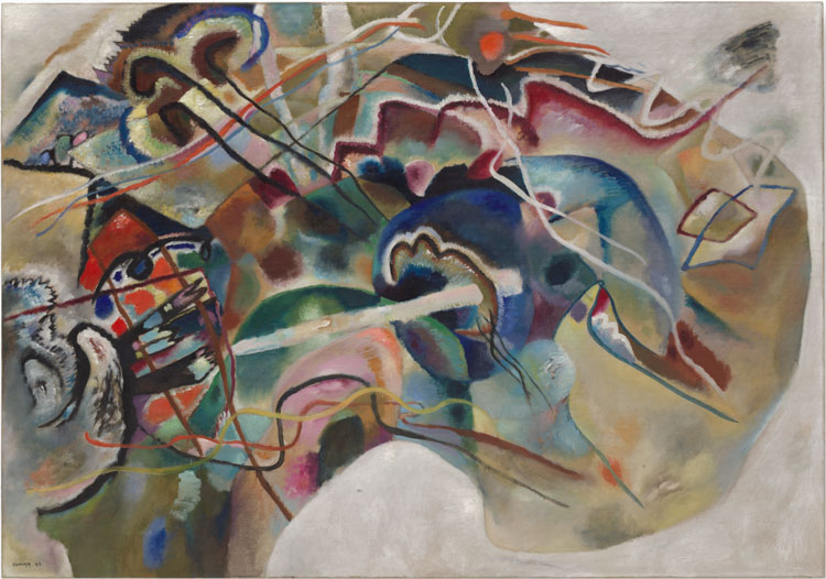 Vasily Kandinsky. Painting with White Border (Bild mit weißem Rand), May 1913. Oil on canvas, 140.3 × 200.3 cm. Solomon R. Guggenheim Museum, New York, Solomon R. Guggenheim Founding Collection, By gift 37.245. © Vasily Kandinsky, VEGAP, Bilbao, 2020.