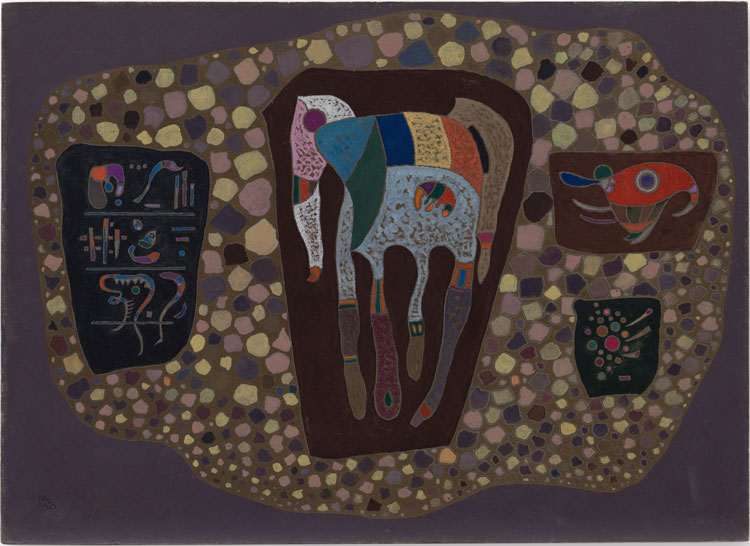 Vasily Kandinsky. Fragments, May 1943. Oil and gouache on board, 41.9 × 57.9 cm. Solomon R. Guggenheim Museum, New York, Solomon R. Guggenheim Founding Collection 49.1224. © Vasily Kandinsky, VEGAP, Bilbao, 2020.