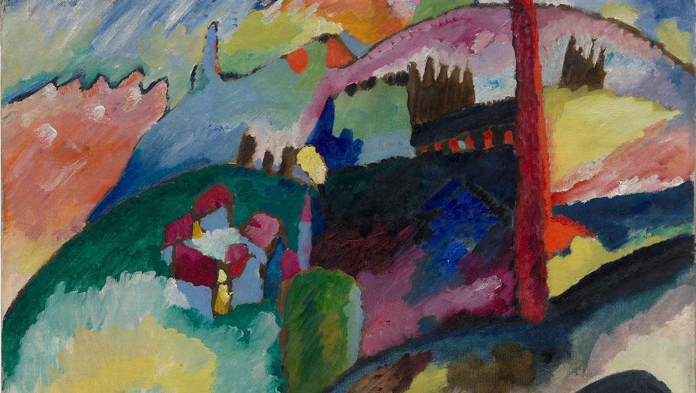 Vasily Kandinsky. Landscape with Factory Chimney (Landschaft mit Fabrikschornstein), 1910. Oil on canvas, 66 × 81.9 cm. Solomon R. Guggenheim Museum, New York, Solomon R. Guggenheim Founding Collection, By gift 41.504. © Vasily Kandinsky, VEGAP, Bilbao, 2020.