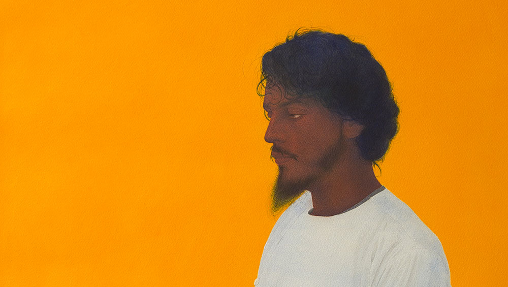 Ali Kazim. Topi Walah II (Man with Prayer Cap), 2006. Pigments and pressure printing on wasli paper, 50 x 75 cm. Collection V&A, London. image © Ali Kazim studio.