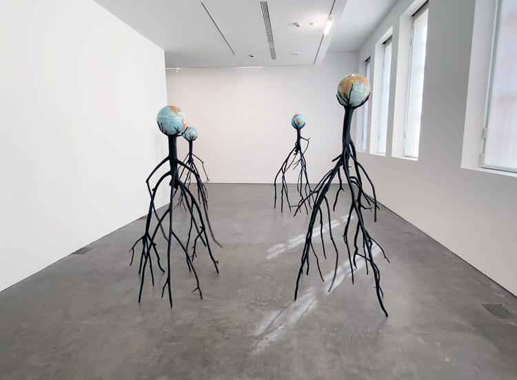 Krištof Kintera. Nervous Trees, 2013–17. Fibreglass, globes, electronics. Installation view, The End of Fun!, Ikon, Birmingham, 2020. Photo: Martin Kennedy.