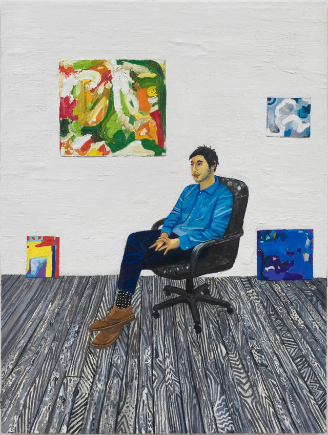 Raffi Kalenderian. Eric Palgon in the studio, 2019. Oil on canvas, 48 x 36 x 2 in (121.92 x 91.44 x 5.08 cm). Courtesy of the artist and Vielmetter Los Angeles. Photo: Robert Wedemeyer.
