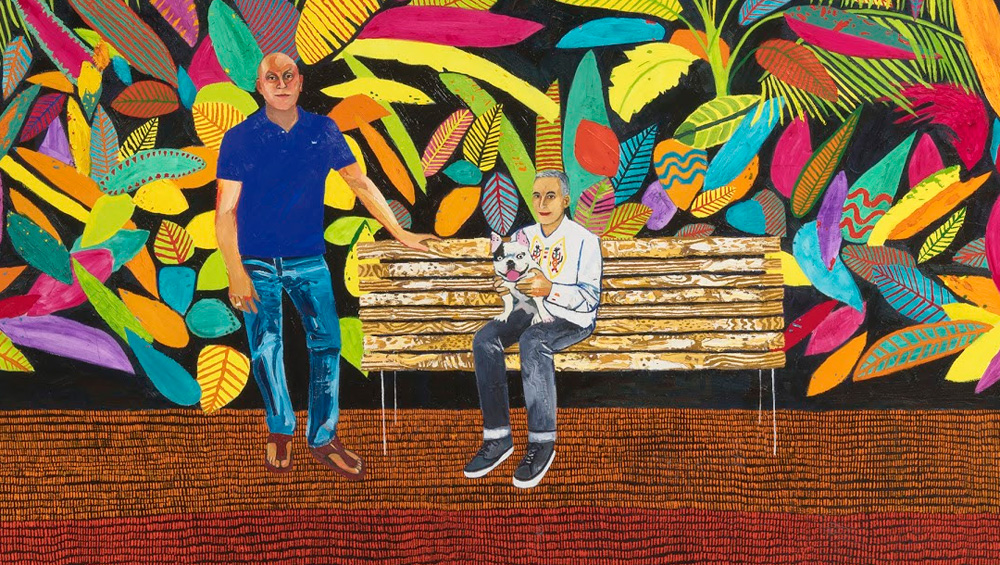 Raffi Kalenderian. Robert, Bob, and Seymour, 2019. Oil on canvas, 84 x 120 x 1.5 in (213.36 x 304.8 x 3.81 cm). Courtesy of the artist and Vielmetter Los Angeles. Photo: Robert Wedemeyer.