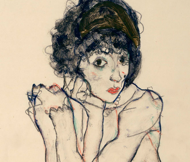 Egon Schiele. Group of Three Girls, 1911. Pencil, watercolour and gouache with white gouache heightening on packing paper, 44.7 x 30.8 cm. The Albertina Museum, Vienna. Exhibition organised by the Royal Academy of Arts, London and the Albertina Museum, Vienna.