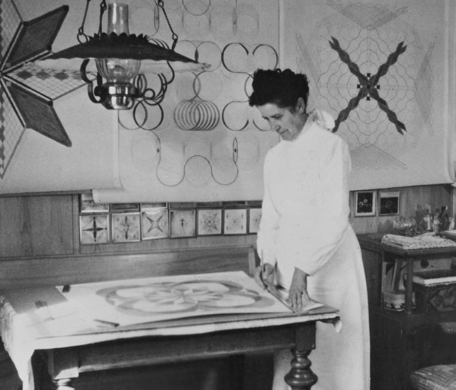 Emma Kunz at her working table, Waldstatt, 1958. Photo copyright Emma Kunz Centrum.