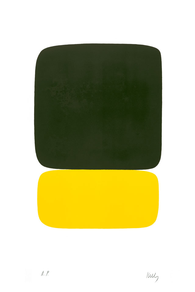 Ellsworth Kelly. Black Over Yellow (Noir sur Jaune), 1964–65. Lithograph on Rives BFK paper, 351/4 x 23 1/2 in (89.5 x 59.7 cm). Norton Simon Museum, Gift of the Artist, 1969, P.1969.027. © Ellsworth Kelly Foundation and Maeght Éditeur.