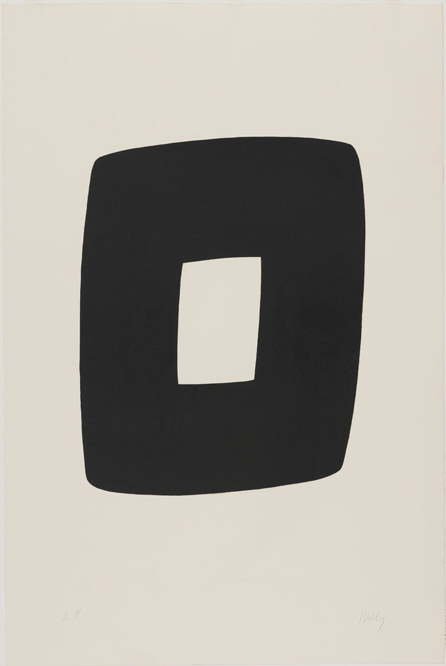 Ellsworth Kelly. Black with White (Noir avec Blanc), 1964–65. Lithograph on Rives BFK paper, 35 1/4 x 23 5/8 in (89.5 x 60 cm). Norton Simon Museum, Gift of the Artist, 1969, P.1969.012. © Ellsworth Kelly Foundation and Maeght Éditeur.