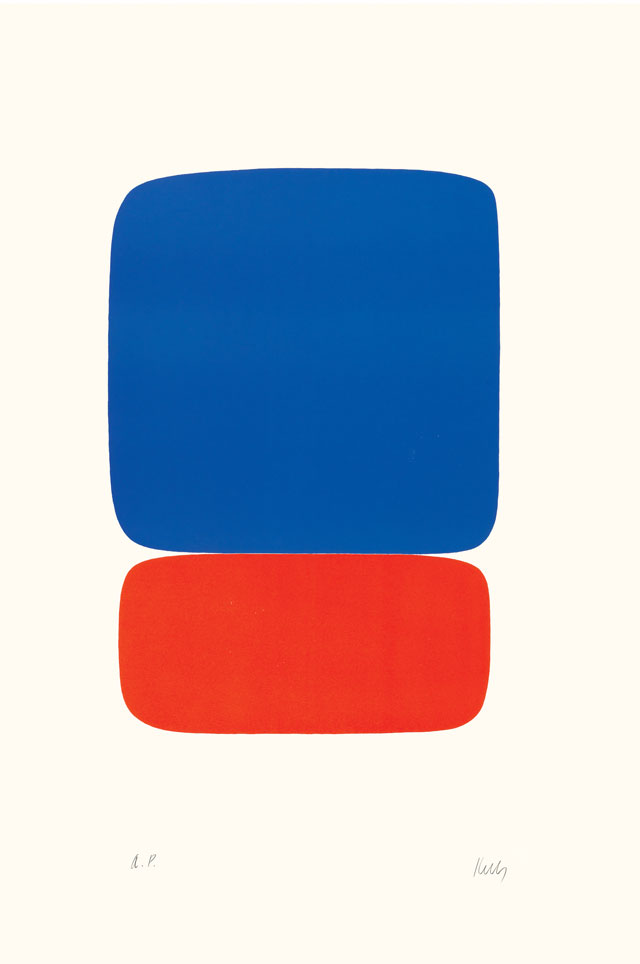 Ellsworth Kelly. Blue Over Orange (Bleu sur Orange), 1964–65. Lithograph on Rives BFK paper, 35 3/8 x 23 5/8 in (89.9 x 60 cm). Norton Simon Museum, Gift of the Artist, 1969, P.1969.024. © Ellsworth Kelly Foundation and Maeght Éditeur.