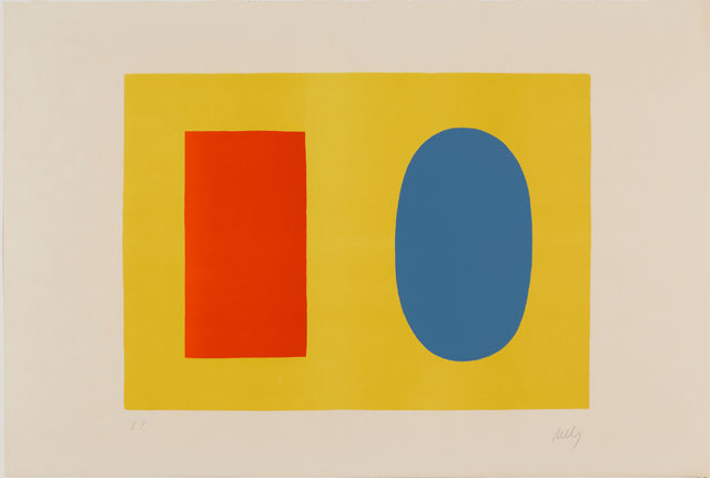 Ellsworth Kelly. Orange and Blue Over Yellow (Orange et Bleu sur Jaune), 1964–65. Lithograph on Rives BFK paper, 23 5/8 x 35 3/8 in (60 x 89.9 cm). Norton Simon Museum, Gift of the Artist, 1969, P.1969.033. © Ellsworth Kelly Foundation and Maeght Éditeur